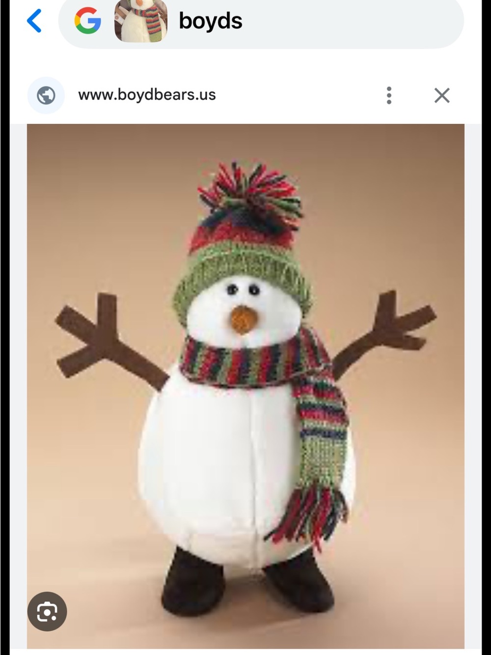Boyds Festive White Snowman Plush with Green Knit Hat and Multicolor Scarf